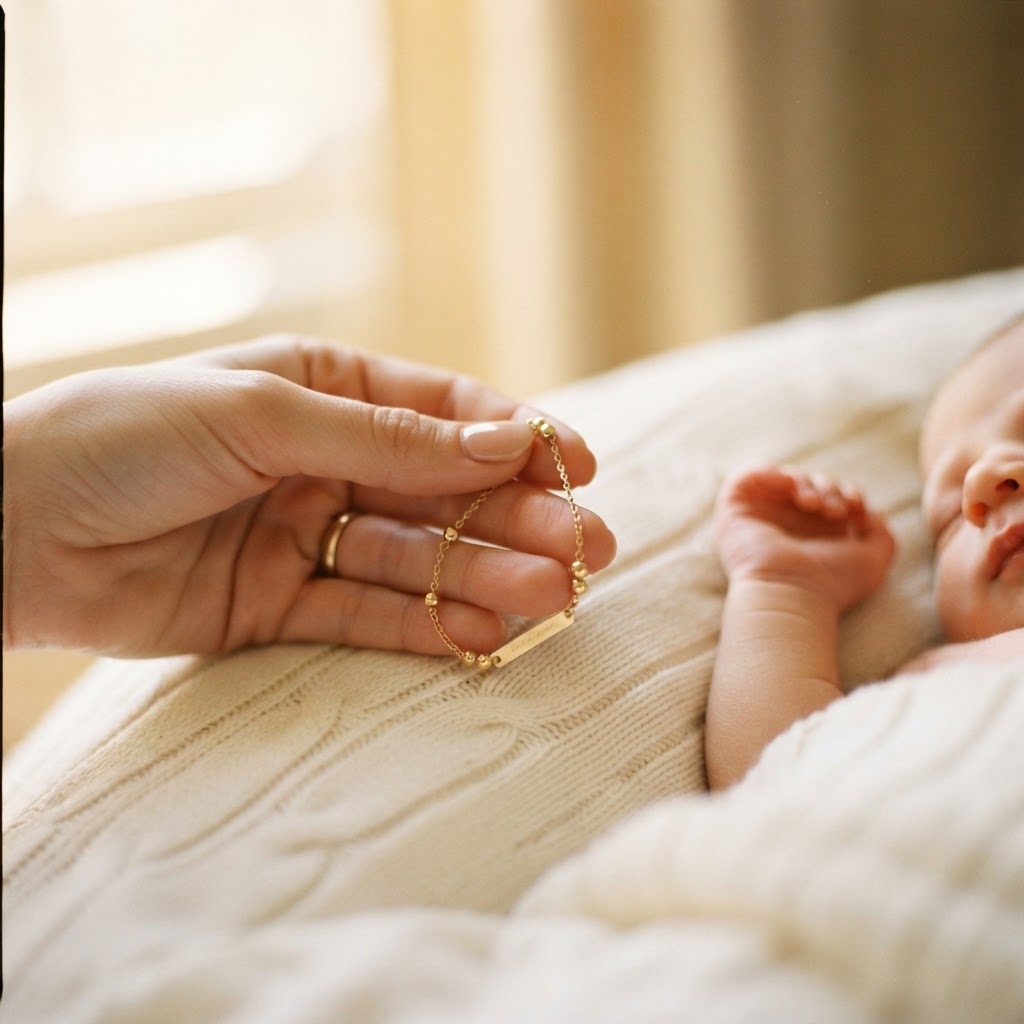 Mãos de uma mãe jovem com uma delicada pulseira de ouro gravada com o nome, sobre um cobertor de baptismo, com a mãozinha da bebé ao fundo